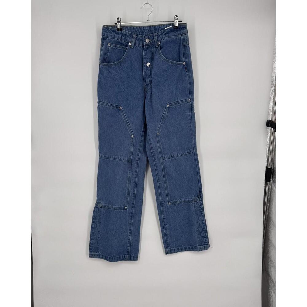 SUMWON Jeans Womens XS Medium Wash Mid Rise Straight Leg Cargo Snap Hem Denim